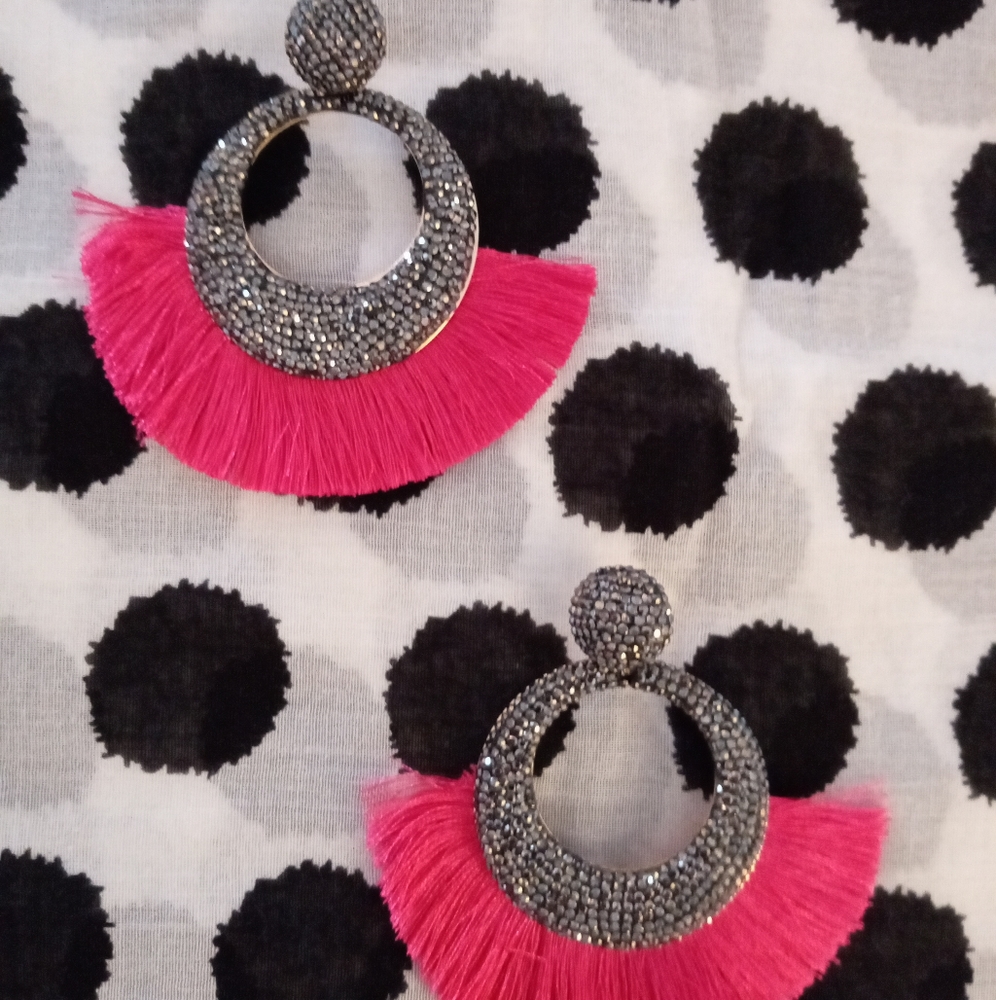 CUTE! TASSEL AND PAVE EARRINGS - HOT PINK